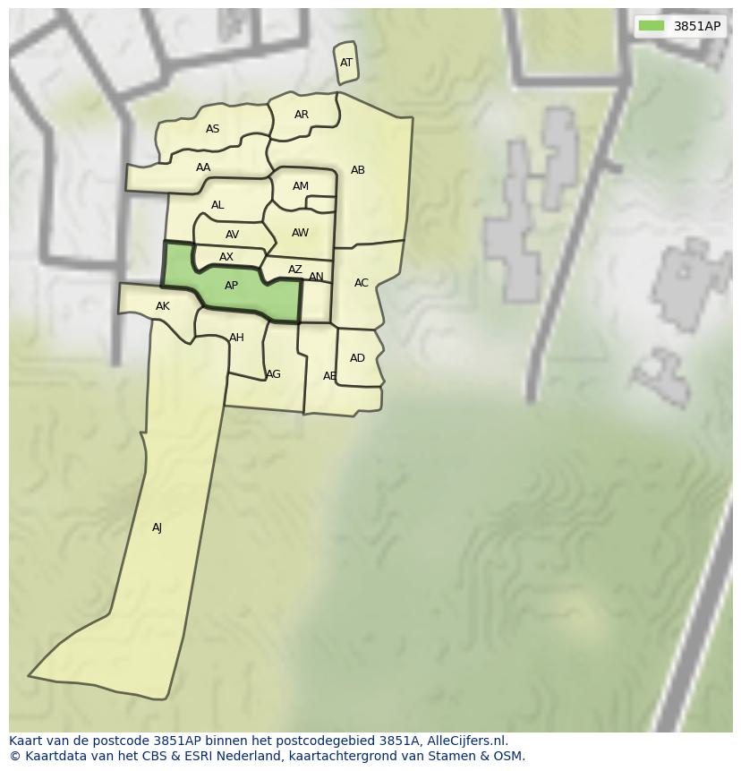 Afbeelding van het postcodegebied 3851 AP op de kaart.