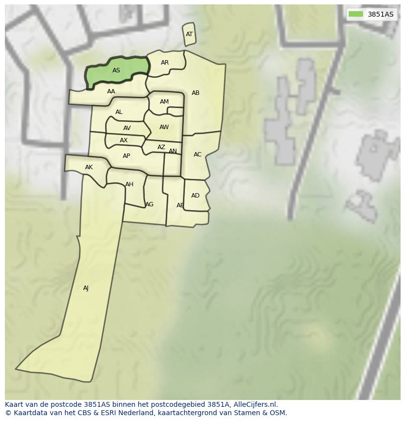 Afbeelding van het postcodegebied 3851 AS op de kaart.