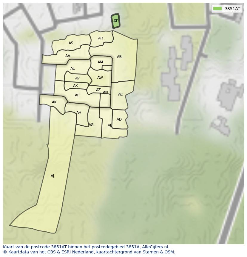 Afbeelding van het postcodegebied 3851 AT op de kaart.