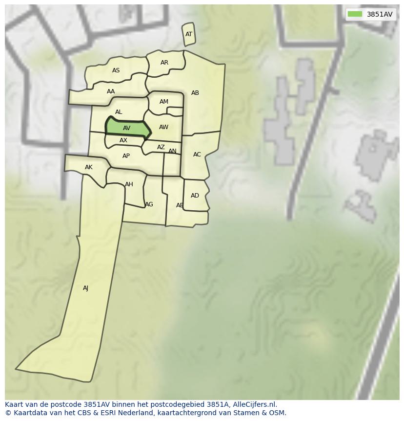 Afbeelding van het postcodegebied 3851 AV op de kaart.