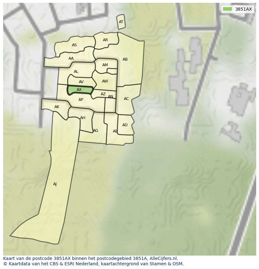 Afbeelding van het postcodegebied 3851 AX op de kaart.