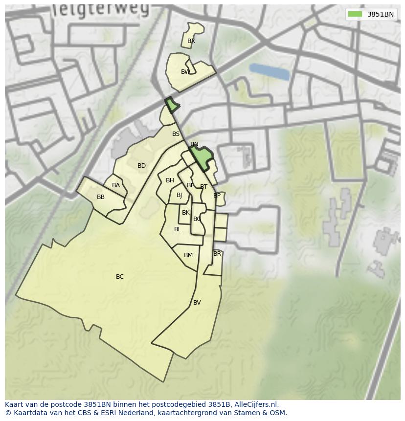 Afbeelding van het postcodegebied 3851 BN op de kaart.
