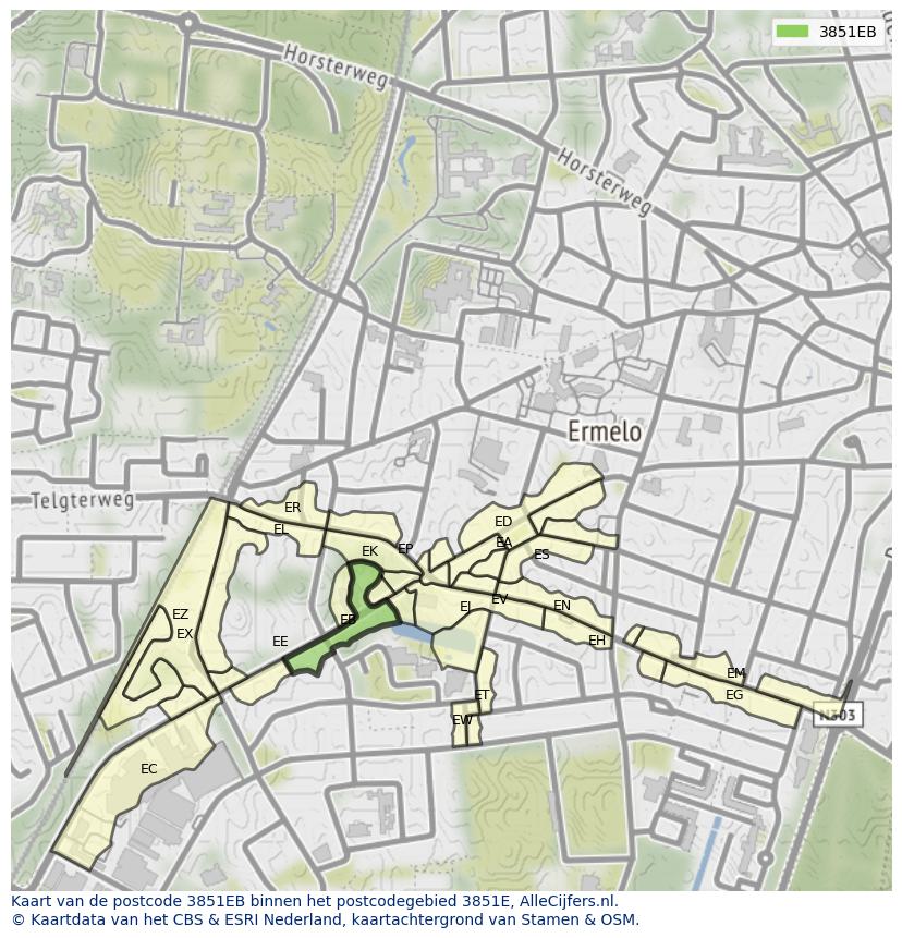 Afbeelding van het postcodegebied 3851 EB op de kaart.