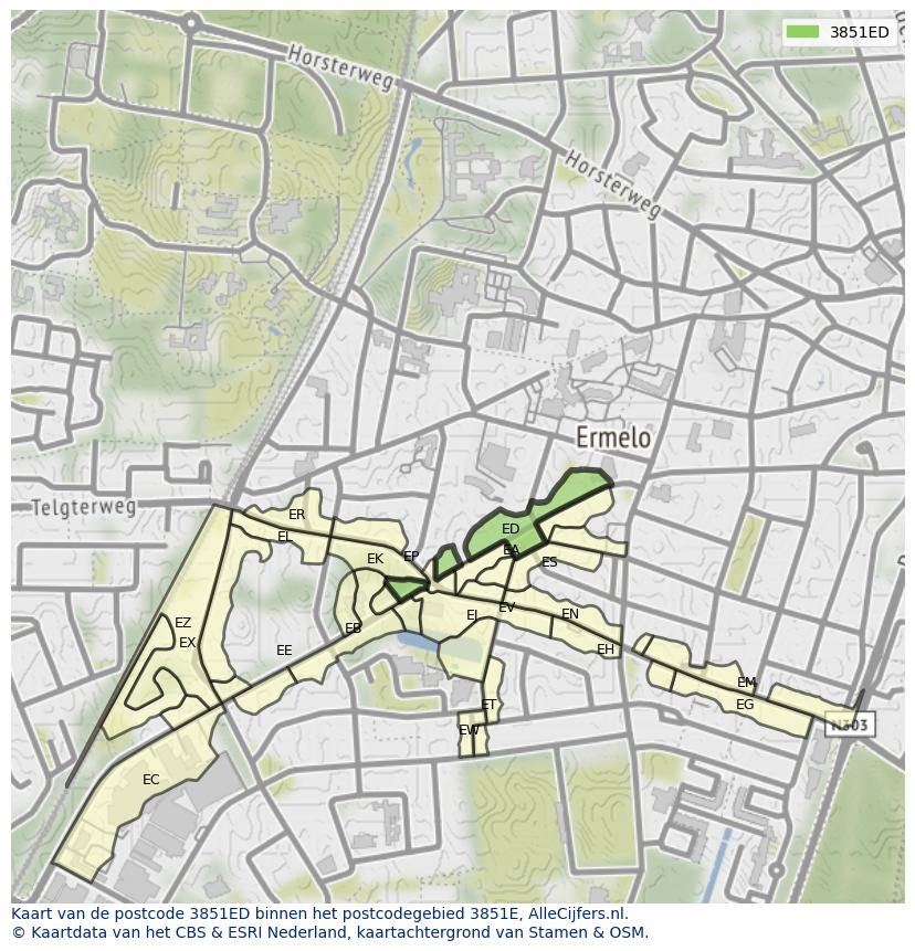 Afbeelding van het postcodegebied 3851 ED op de kaart.