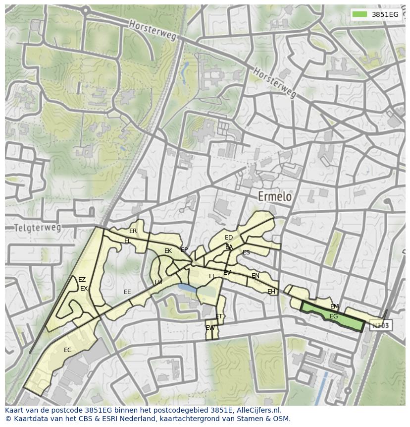 Afbeelding van het postcodegebied 3851 EG op de kaart.