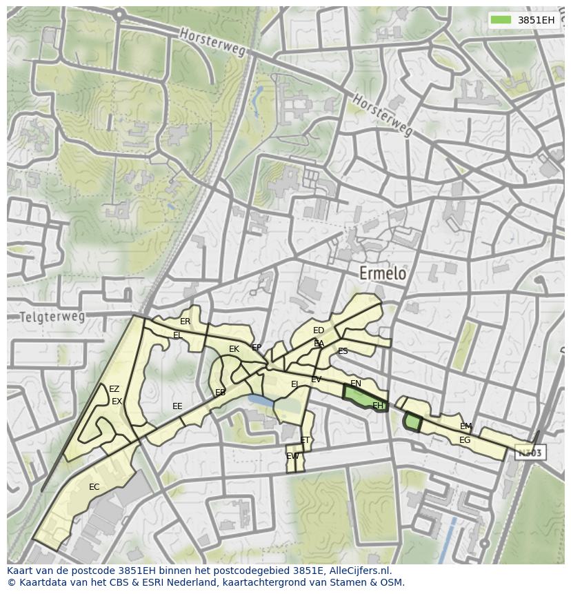 Afbeelding van het postcodegebied 3851 EH op de kaart.