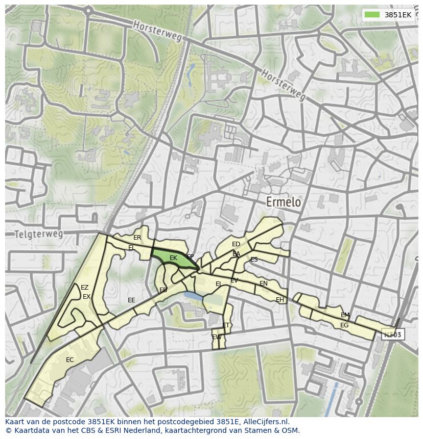 Afbeelding van het postcodegebied 3851 EK op de kaart.