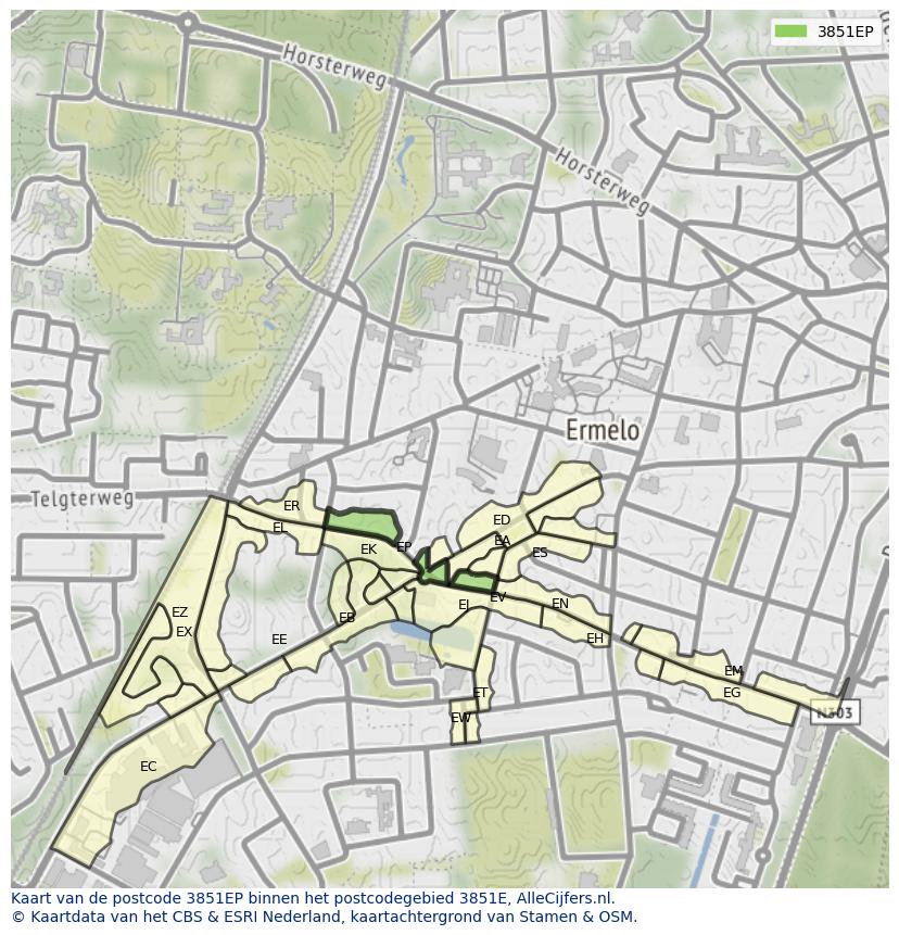 Afbeelding van het postcodegebied 3851 EP op de kaart.