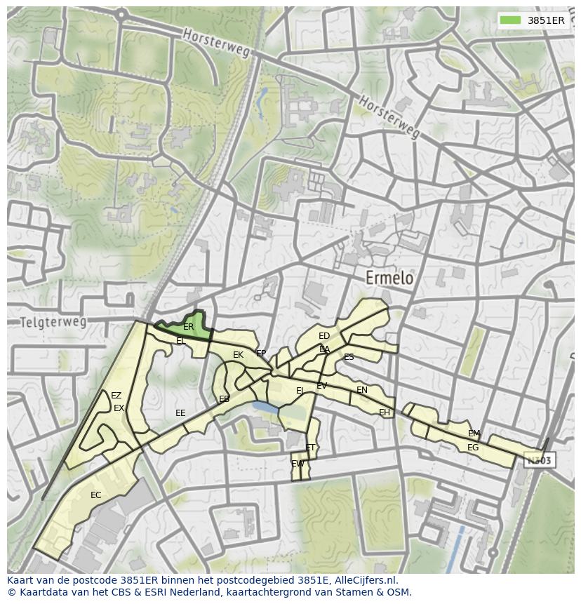 Afbeelding van het postcodegebied 3851 ER op de kaart.
