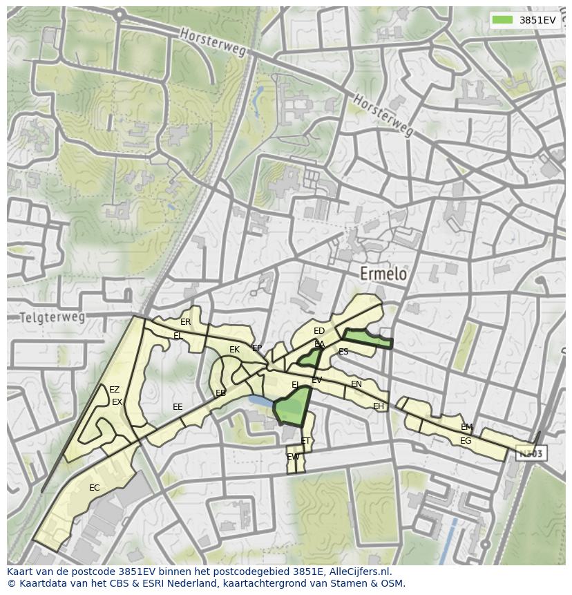 Afbeelding van het postcodegebied 3851 EV op de kaart.