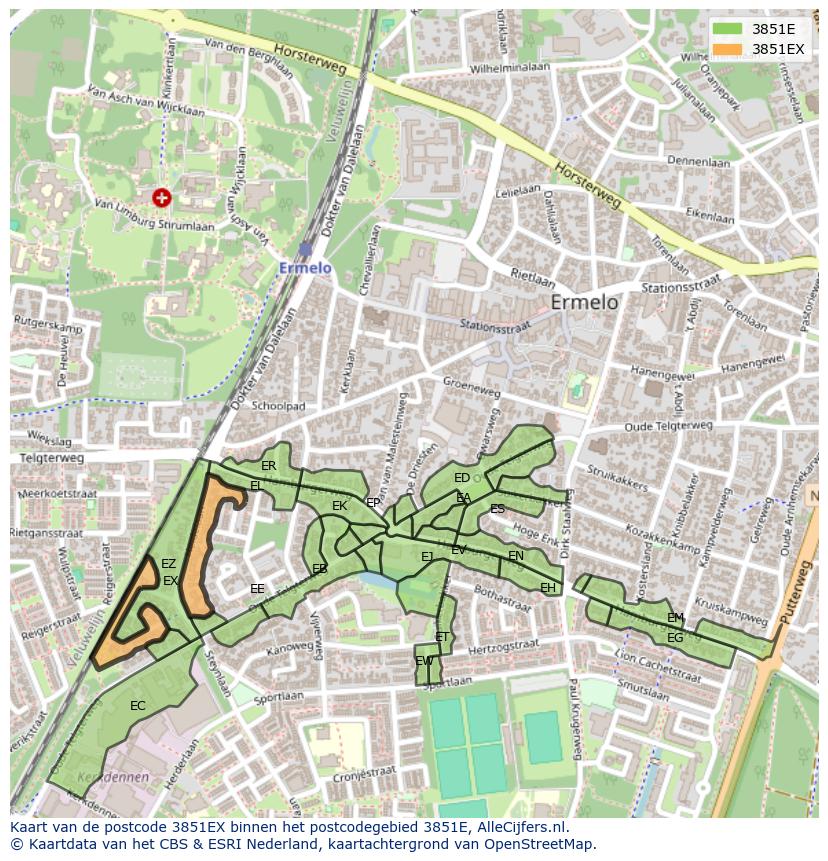 Afbeelding van het postcodegebied 3851 EX op de kaart.