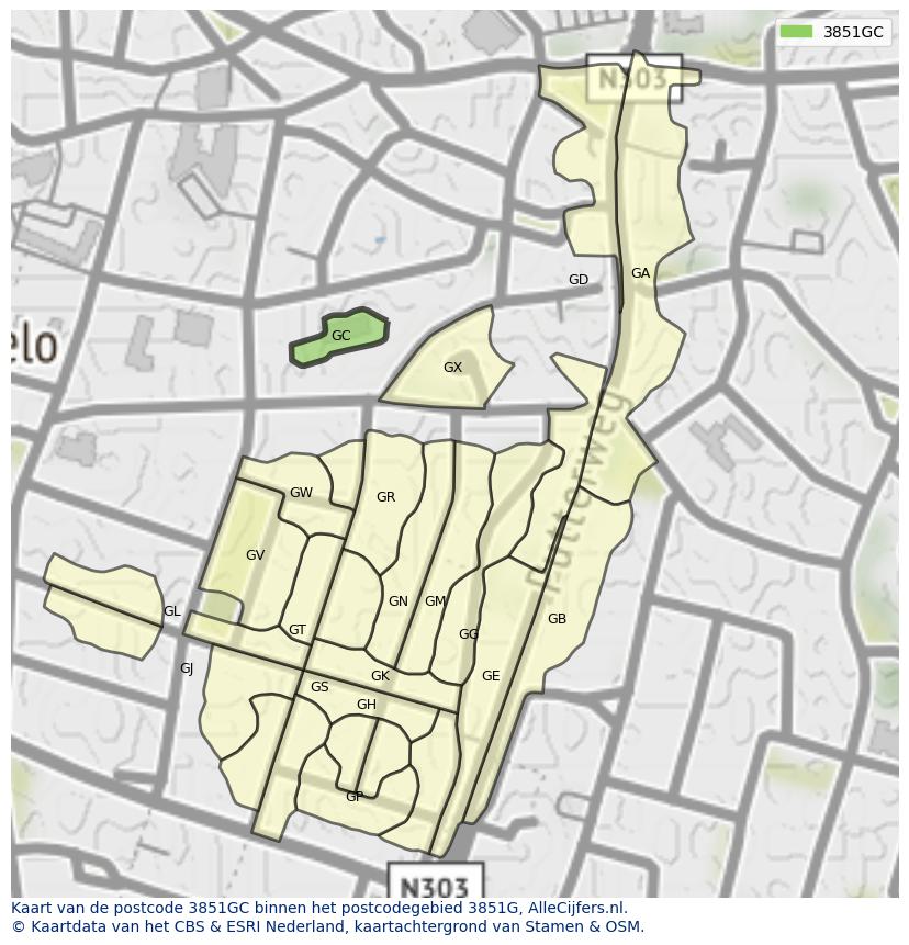 Afbeelding van het postcodegebied 3851 GC op de kaart.