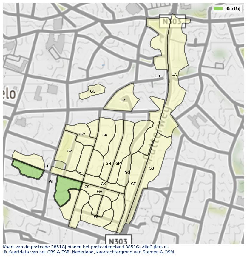 Afbeelding van het postcodegebied 3851 GJ op de kaart.