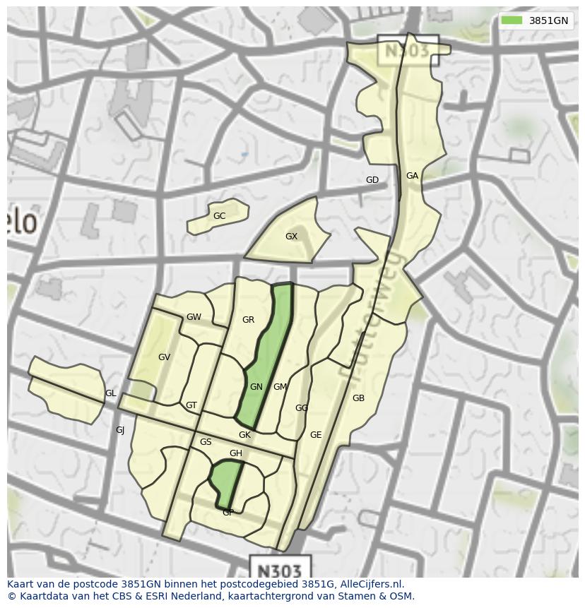 Afbeelding van het postcodegebied 3851 GN op de kaart.
