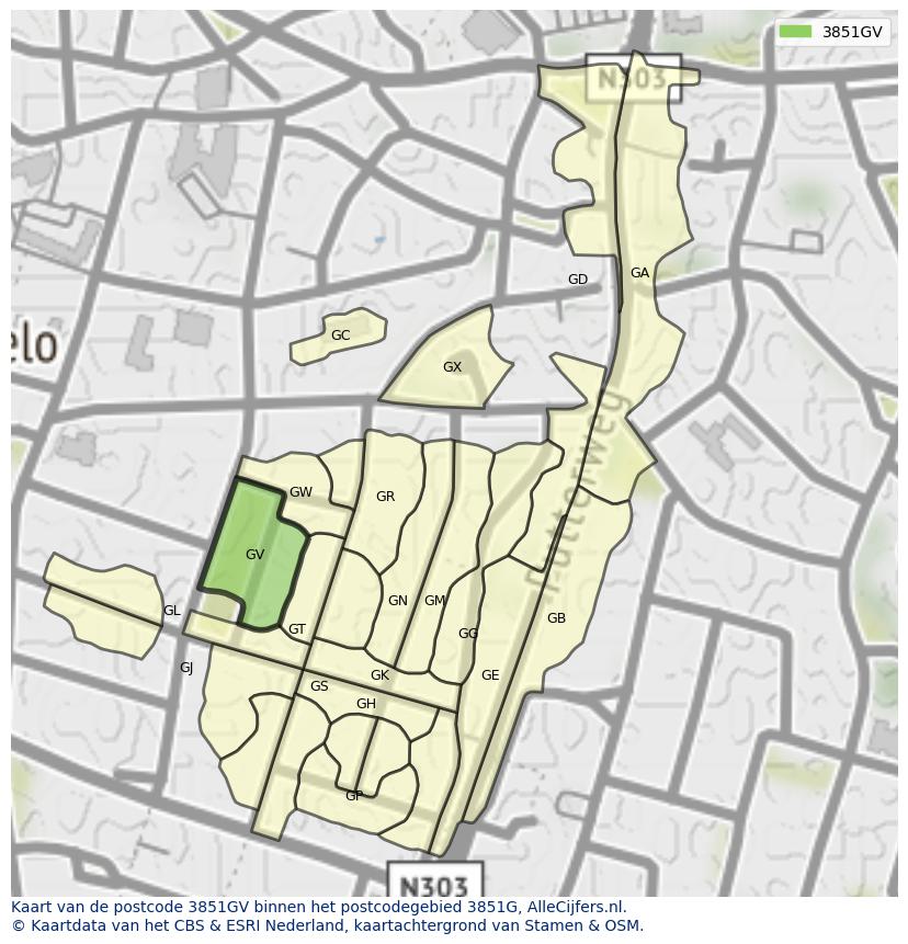 Afbeelding van het postcodegebied 3851 GV op de kaart.