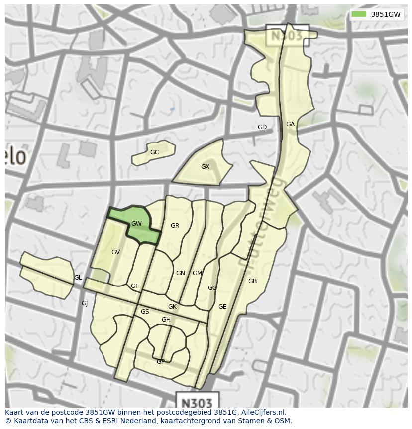 Afbeelding van het postcodegebied 3851 GW op de kaart.