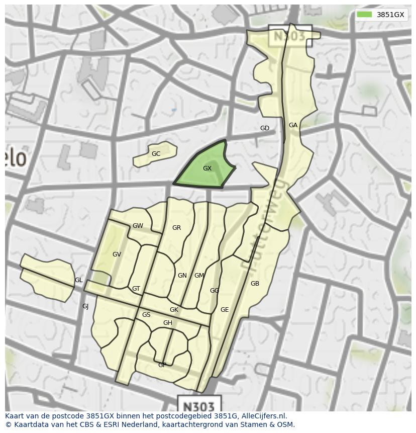 Afbeelding van het postcodegebied 3851 GX op de kaart.