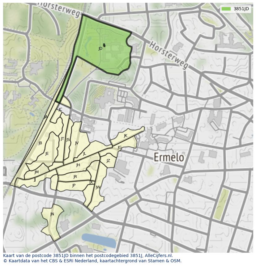Afbeelding van het postcodegebied 3851 JD op de kaart.