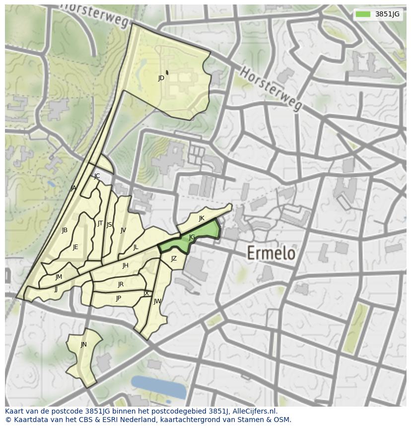 Afbeelding van het postcodegebied 3851 JG op de kaart.