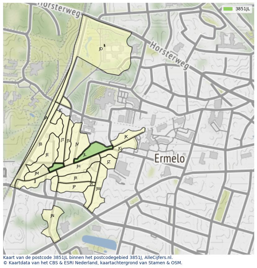 Afbeelding van het postcodegebied 3851 JL op de kaart.