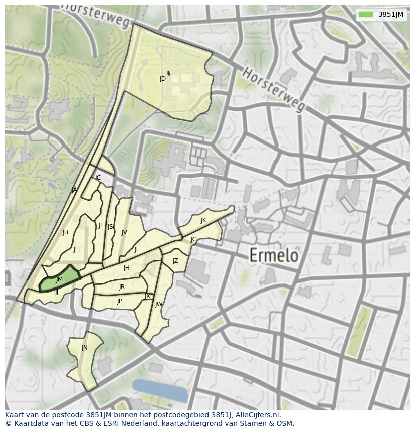 Afbeelding van het postcodegebied 3851 JM op de kaart.