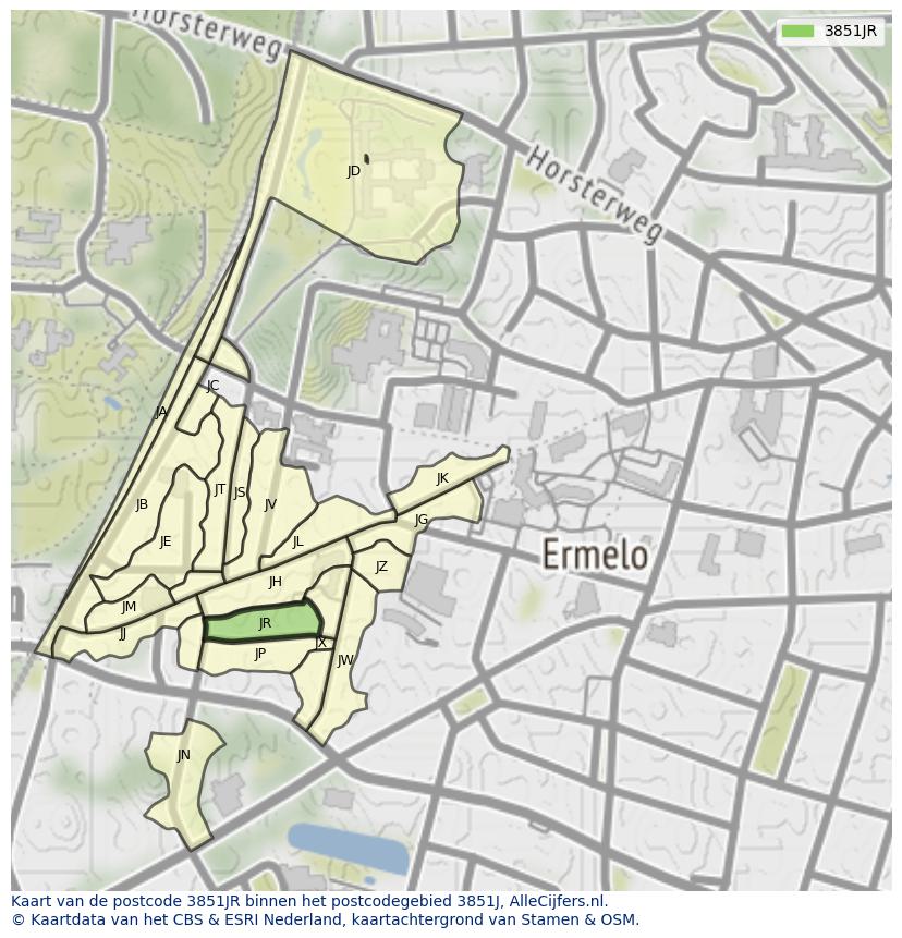 Afbeelding van het postcodegebied 3851 JR op de kaart.