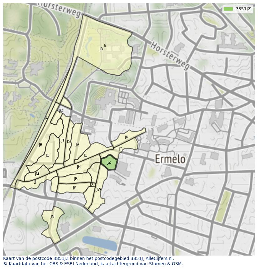 Afbeelding van het postcodegebied 3851 JZ op de kaart.