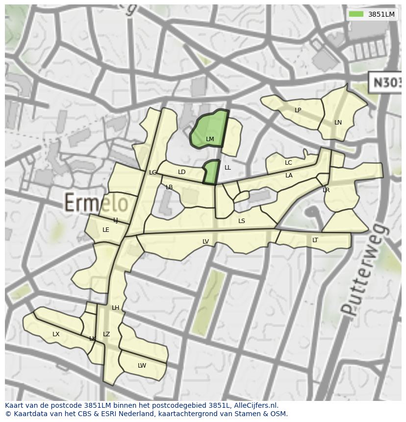Afbeelding van het postcodegebied 3851 LM op de kaart.