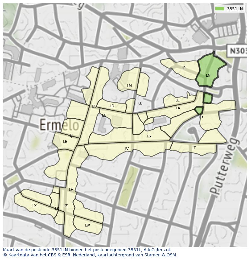 Afbeelding van het postcodegebied 3851 LN op de kaart.