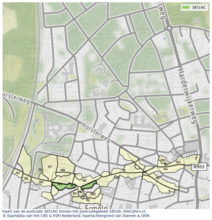 Afbeelding van het postcodegebied 3851 NC op de kaart.