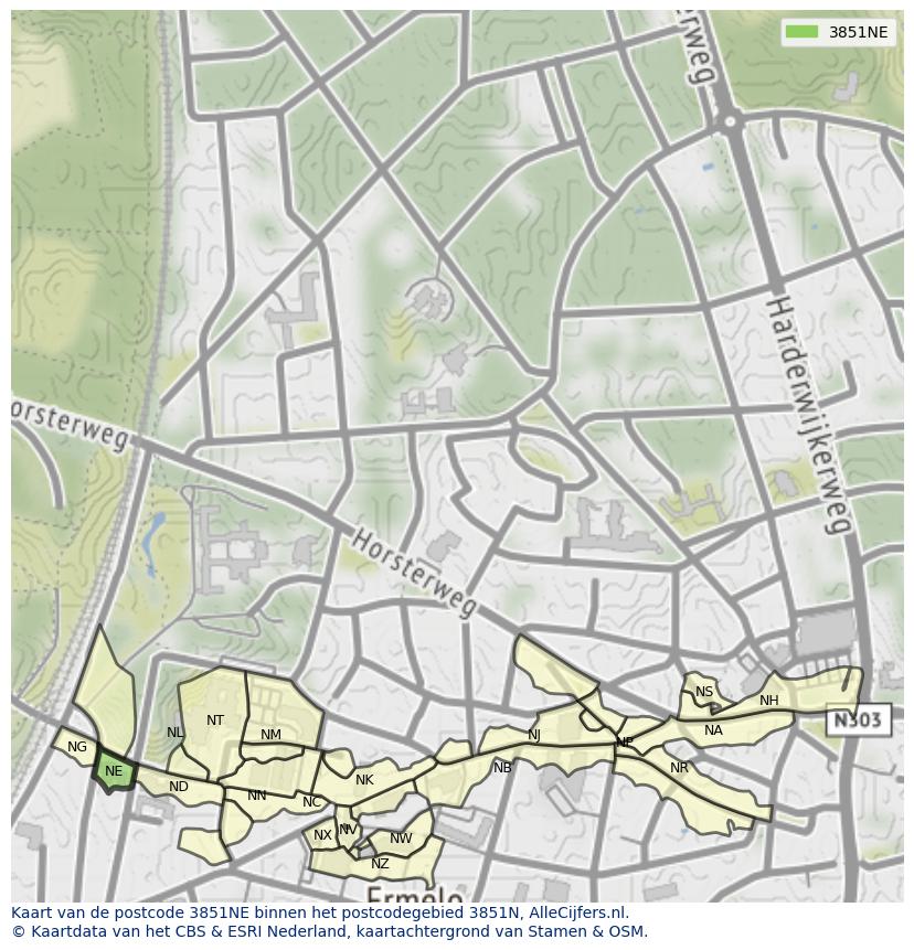 Afbeelding van het postcodegebied 3851 NE op de kaart.