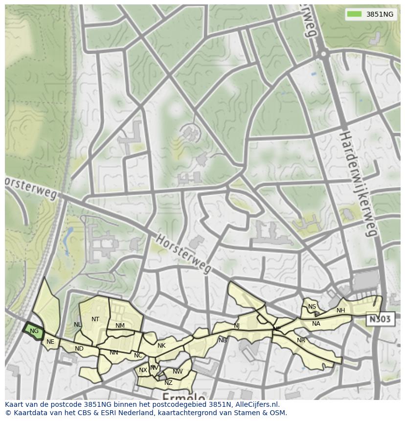 Afbeelding van het postcodegebied 3851 NG op de kaart.