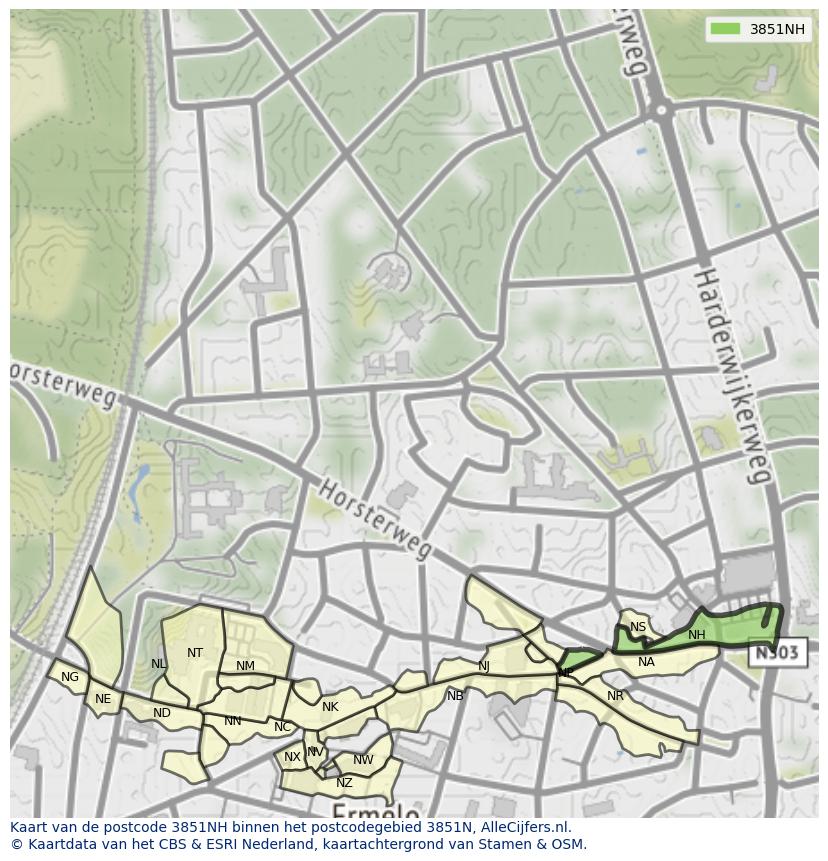 Afbeelding van het postcodegebied 3851 NH op de kaart.