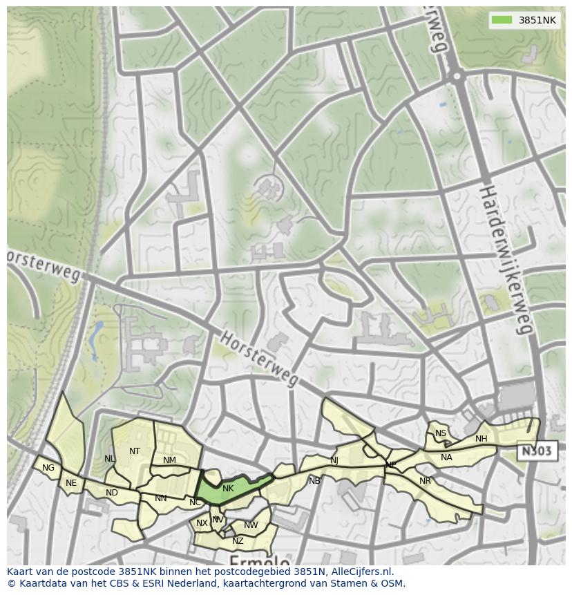 Afbeelding van het postcodegebied 3851 NK op de kaart.