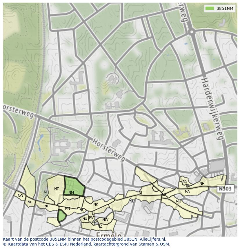 Afbeelding van het postcodegebied 3851 NM op de kaart.