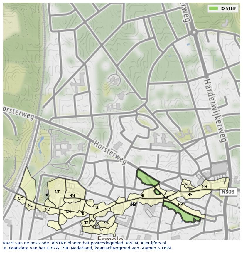 Afbeelding van het postcodegebied 3851 NP op de kaart.