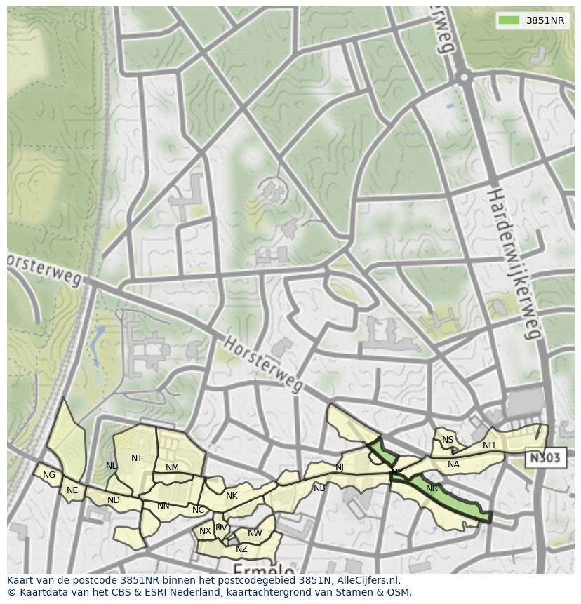 Afbeelding van het postcodegebied 3851 NR op de kaart.