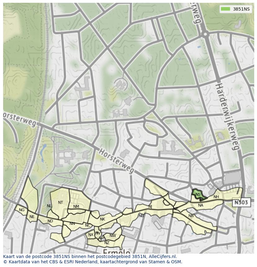 Afbeelding van het postcodegebied 3851 NS op de kaart.