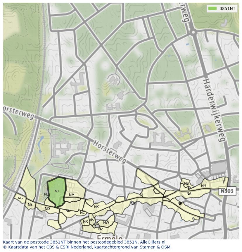 Afbeelding van het postcodegebied 3851 NT op de kaart.