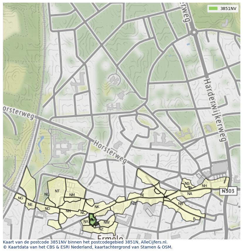 Afbeelding van het postcodegebied 3851 NV op de kaart.