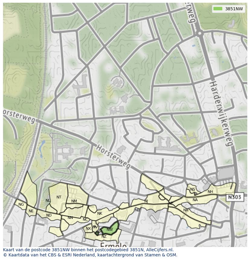 Afbeelding van het postcodegebied 3851 NW op de kaart.