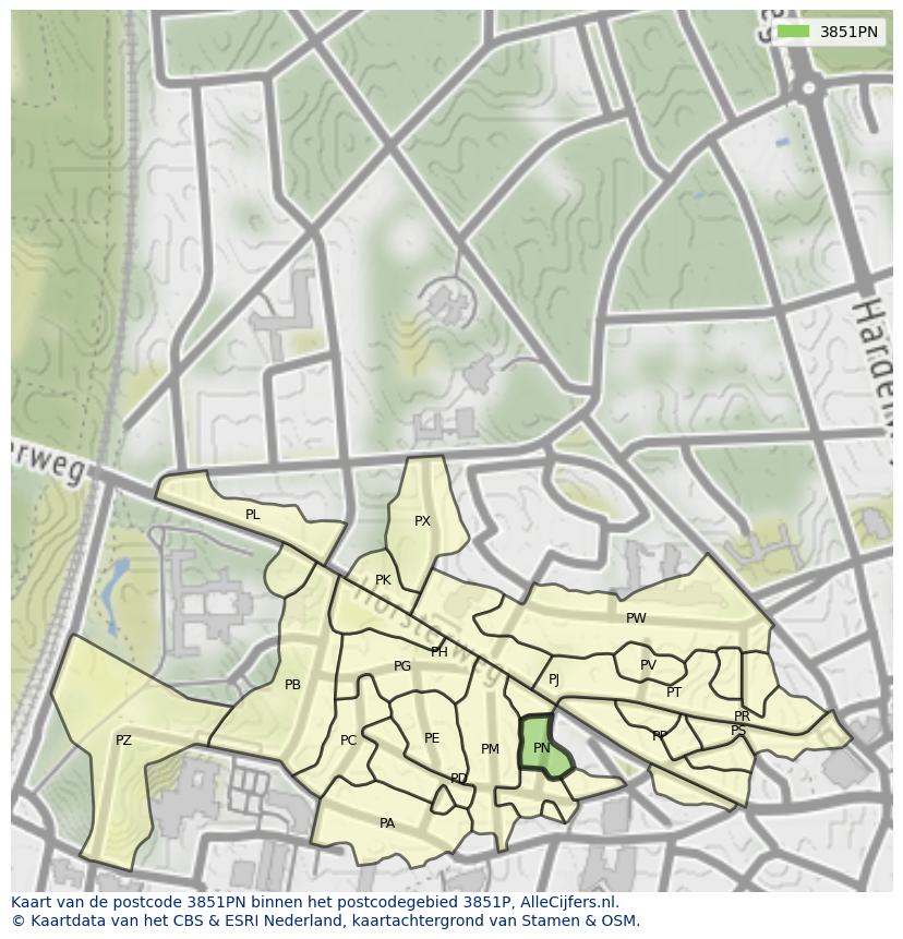 Afbeelding van het postcodegebied 3851 PN op de kaart.