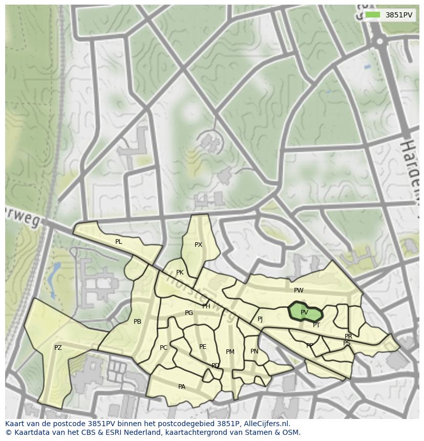 Afbeelding van het postcodegebied 3851 PV op de kaart.