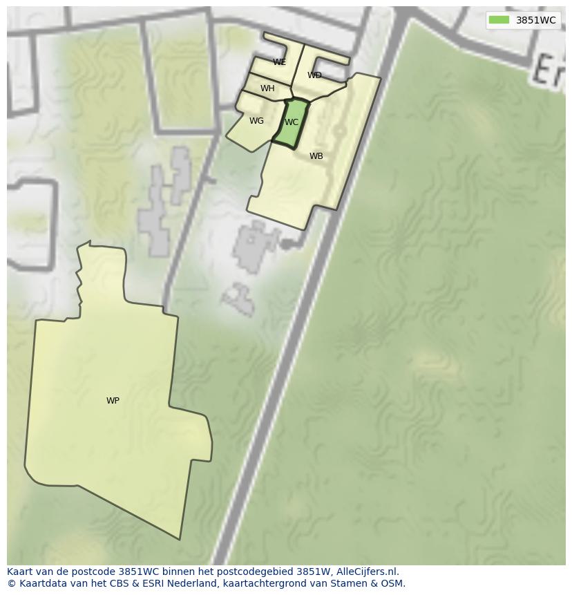 Afbeelding van het postcodegebied 3851 WC op de kaart.