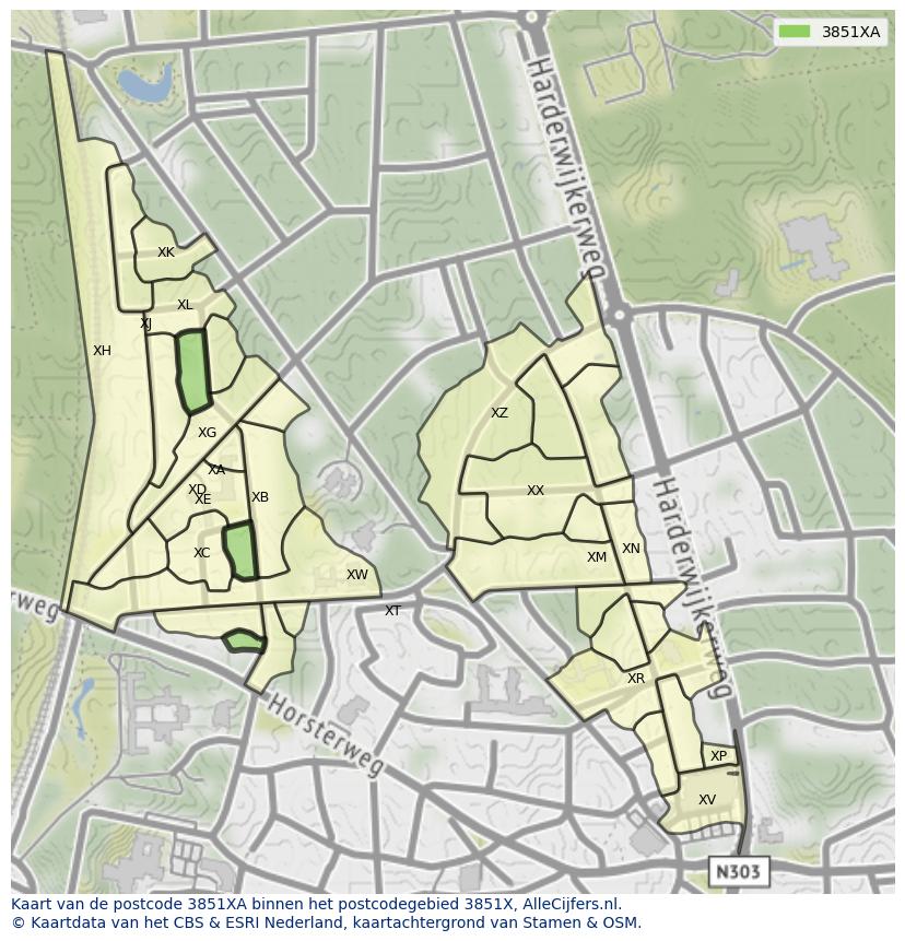Afbeelding van het postcodegebied 3851 XA op de kaart.
