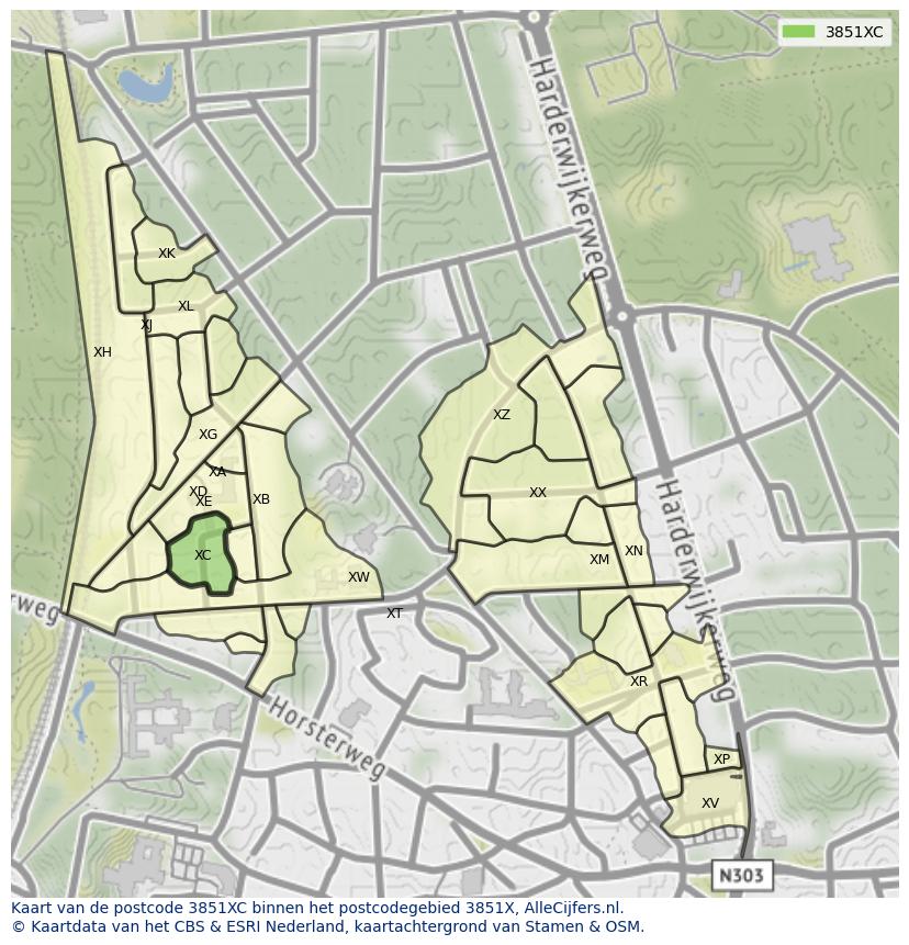 Afbeelding van het postcodegebied 3851 XC op de kaart.
