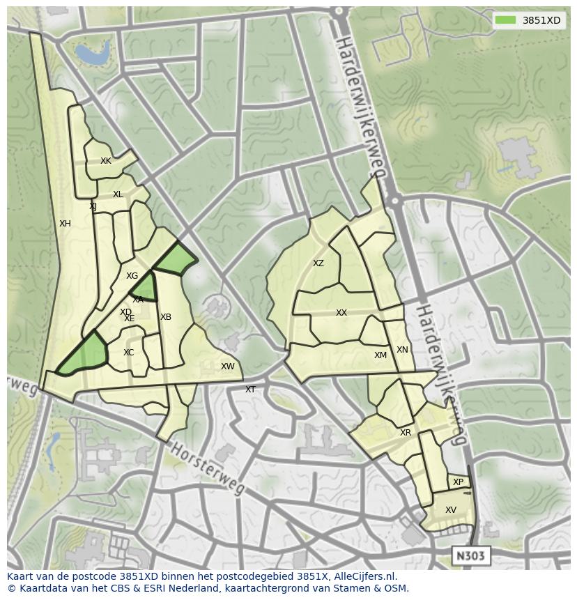 Afbeelding van het postcodegebied 3851 XD op de kaart.