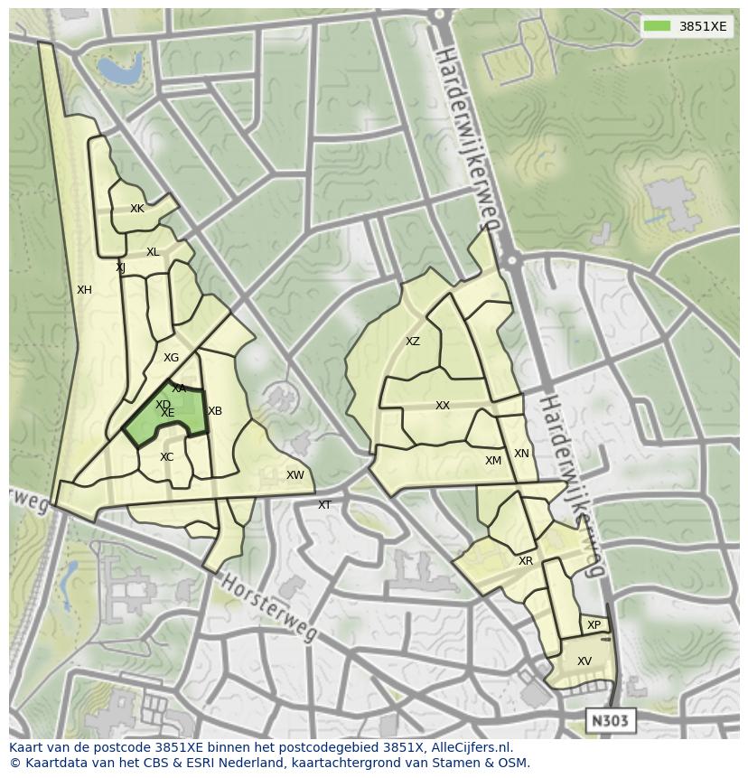 Afbeelding van het postcodegebied 3851 XE op de kaart.