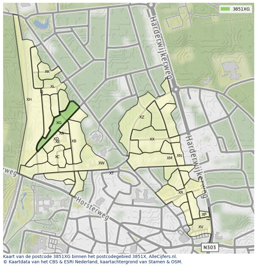 Afbeelding van het postcodegebied 3851 XG op de kaart.