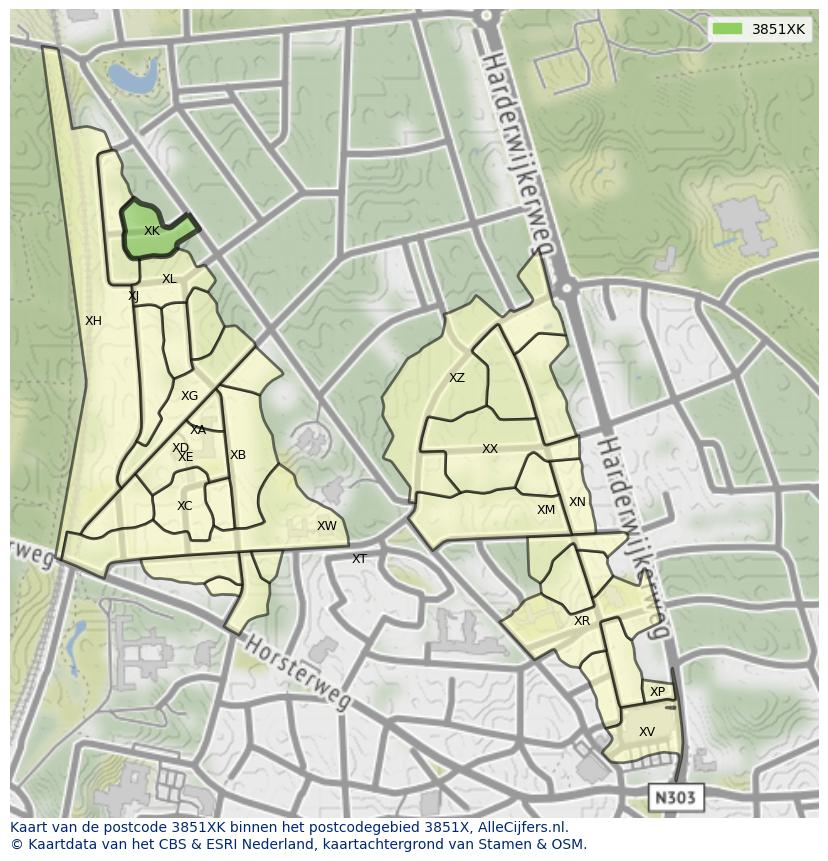 Afbeelding van het postcodegebied 3851 XK op de kaart.